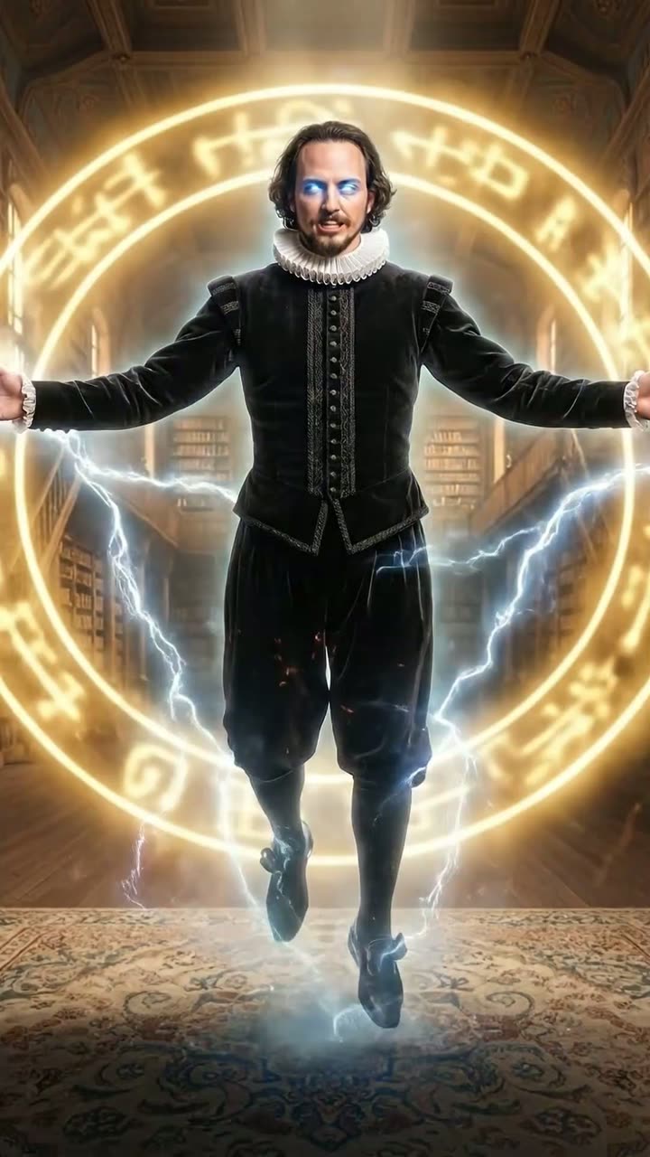Abora: Shakespeare summoned inside a golden circle in a library
